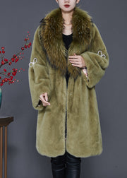 Simple Grass Green Raccoon Hair Collar Mink Velvet Coats Spring