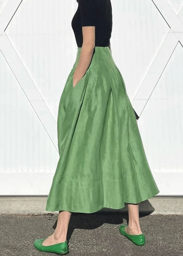 Simple Green Pockets Solid High Waist Cotton Skirts Summer