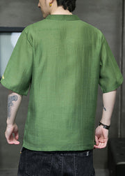 Simple Green Stand Collar Button Linen T Shirts Men Summer