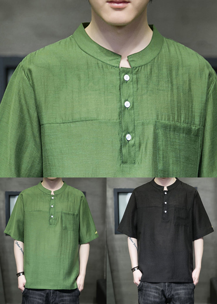 Simple Green Stand Collar Button Linen T Shirts Men Summer