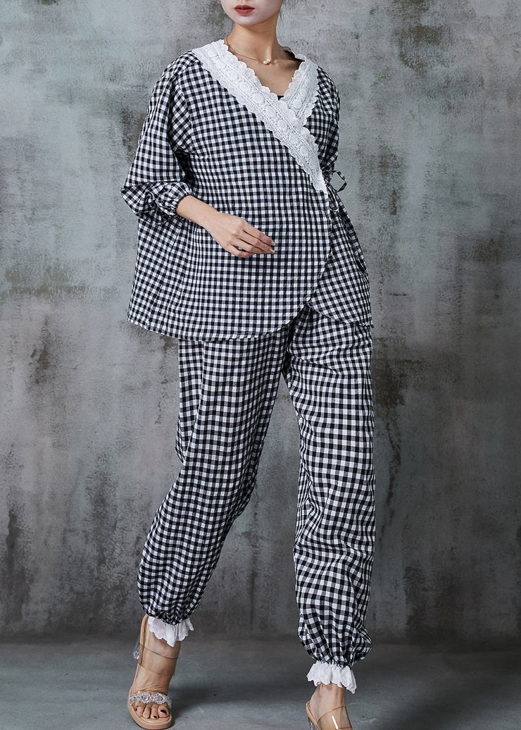 Simple Grey Plaid Lace Up Cotton Two Piece Suit Set Spring