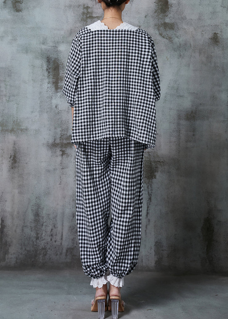 Simple Grey Plaid Lace Up Cotton Two Piece Suit Set Spring