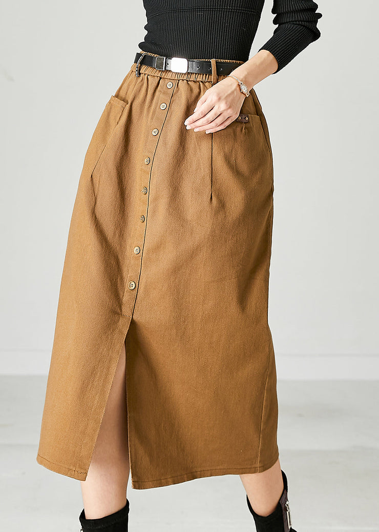 Simple Khaki Elastic Waist Side Open Cotton Skirts Spring