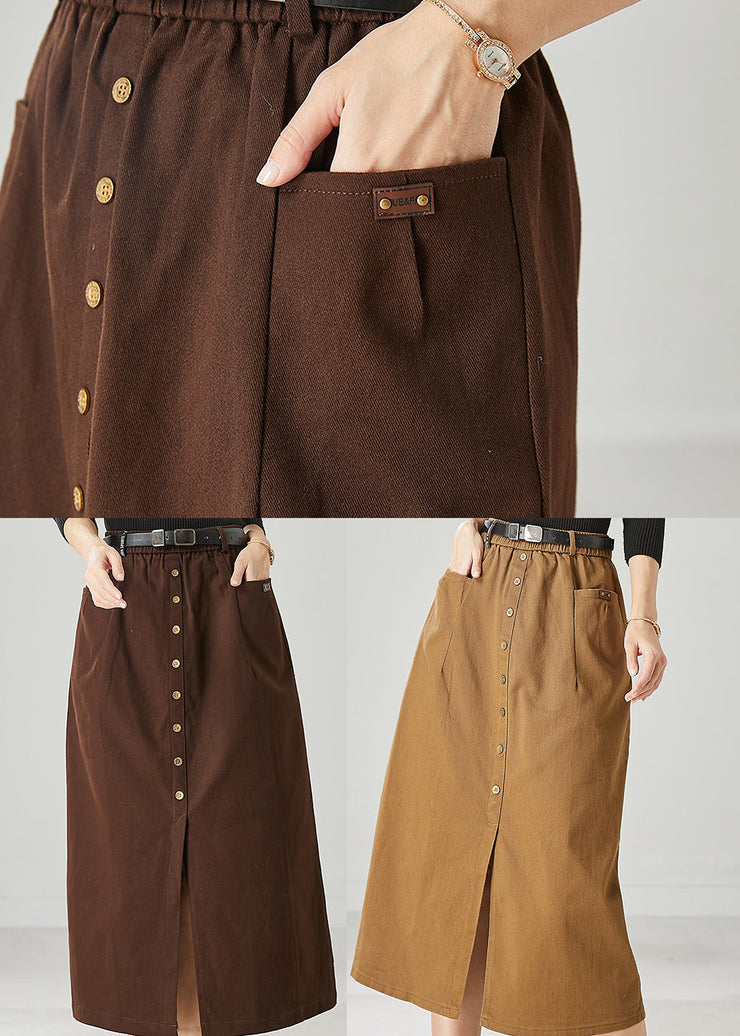 Simple Khaki Elastic Waist Side Open Cotton Skirts Spring