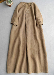 Simple Khaki V Neck Pockets Linen Long Dress Summer