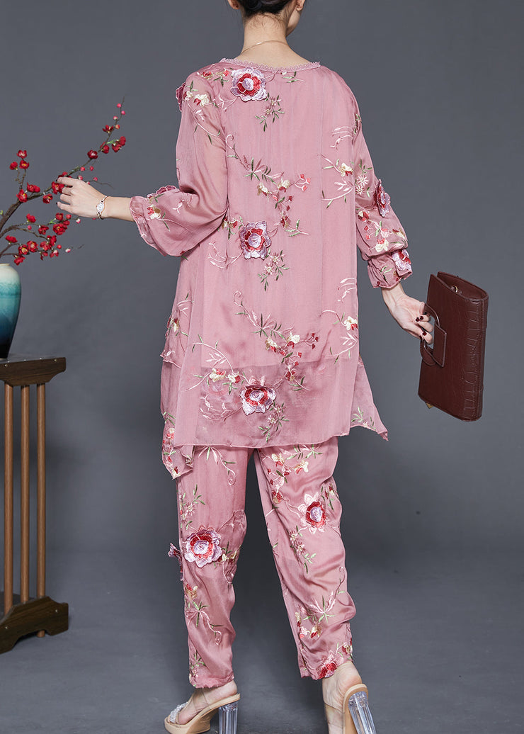 Simple Pink Asymmetrical Design Embroidered Floral Silk Two Pieces Set Spring