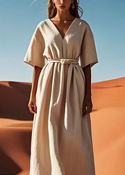 Simple Plus Size Beige V Neck Tie Waist Linen Dresses Summer