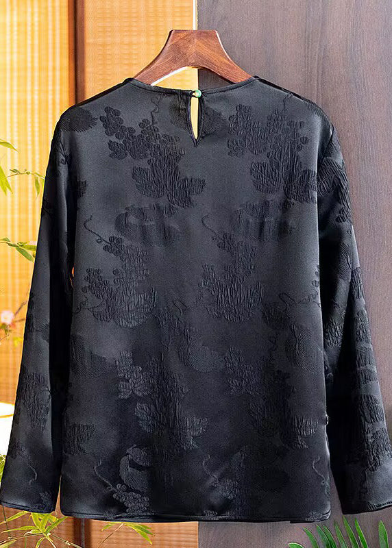 Simple Retro Black O Neck Jacquard Silk Shirt Top Fall