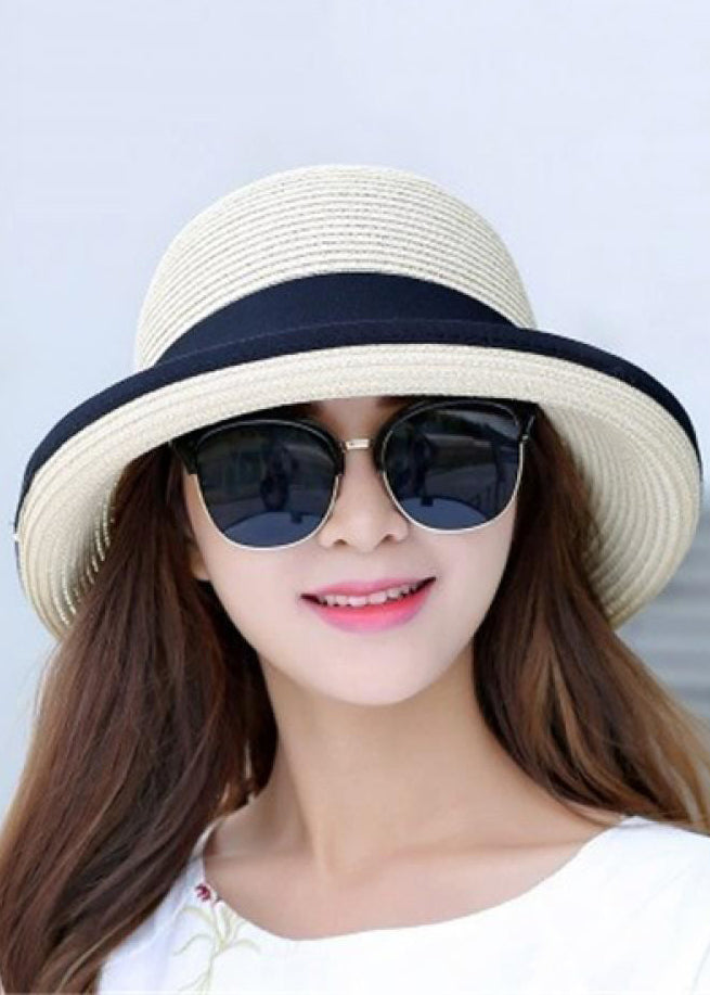 Simple White Bow Straw Woven Floppy Sun Hat