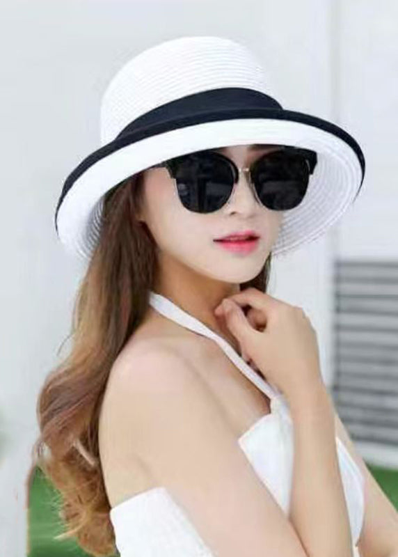 Simple White Bow Straw Woven Floppy Sun Hat