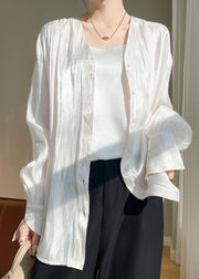 Simple White Button Solid Silk Shirts Fall