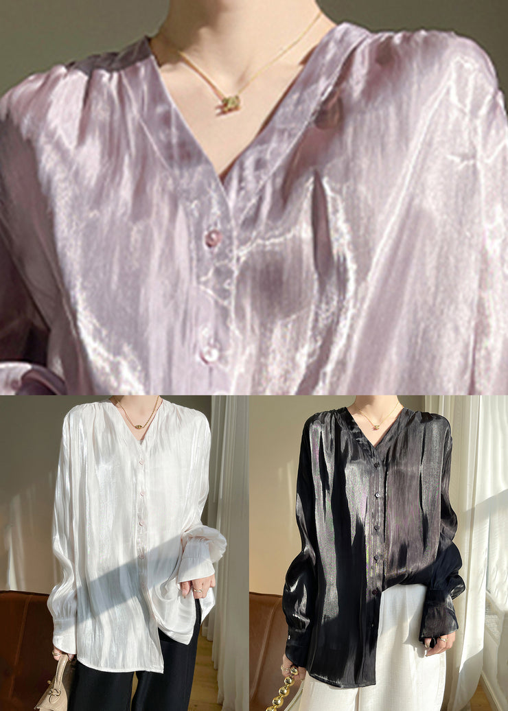 Simple White Button Solid Silk Shirts Fall