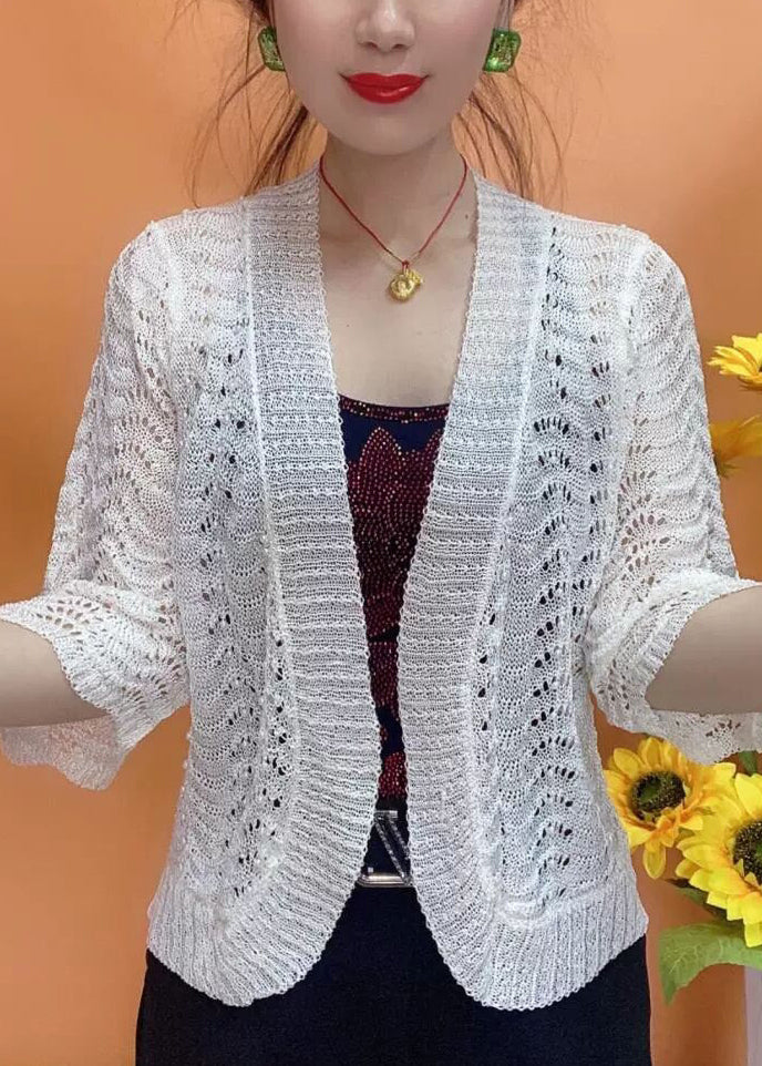 Simple White V Neck Hollow Out Knit Cardigan Bracelet Sleeve