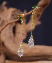 Skinny Yellow Sterling Silver Overgild Zircon Jade Gourd Drop Earrings