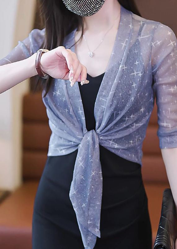 Slim Fit Blue V Neck Lace Up Tulle Cardigan Summer