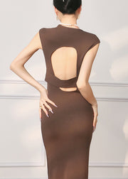 Slim Fit Coffee Backless Solid Cotton Long Dresses Sleeveless