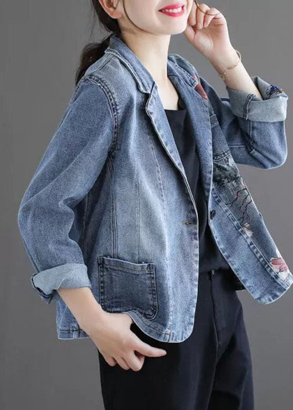 Slim Fit Light Blue Notched Collar Pockets Print Denim Coat Spring