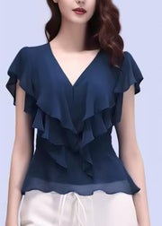 Slim Fit Purple V Neck Ruffled Chiffon Tops Short Sleeve