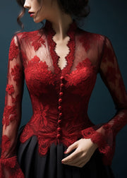 Slim Fit Red V Neck Hollow Out Lace Top Flare Sleeve