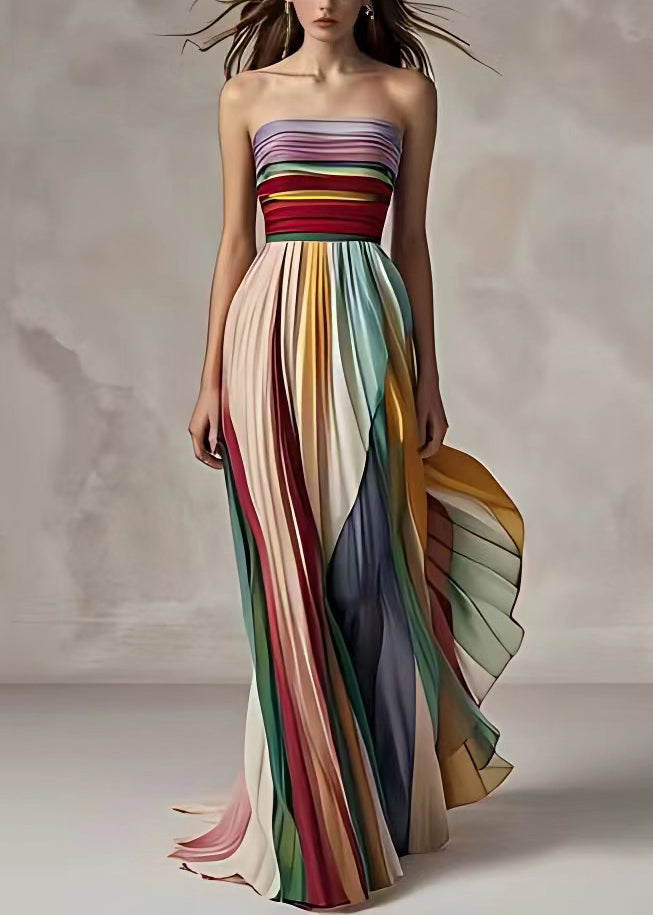 Slim Fit Striped Cold Shoulder Wrinkled Long Dress Sleeveless