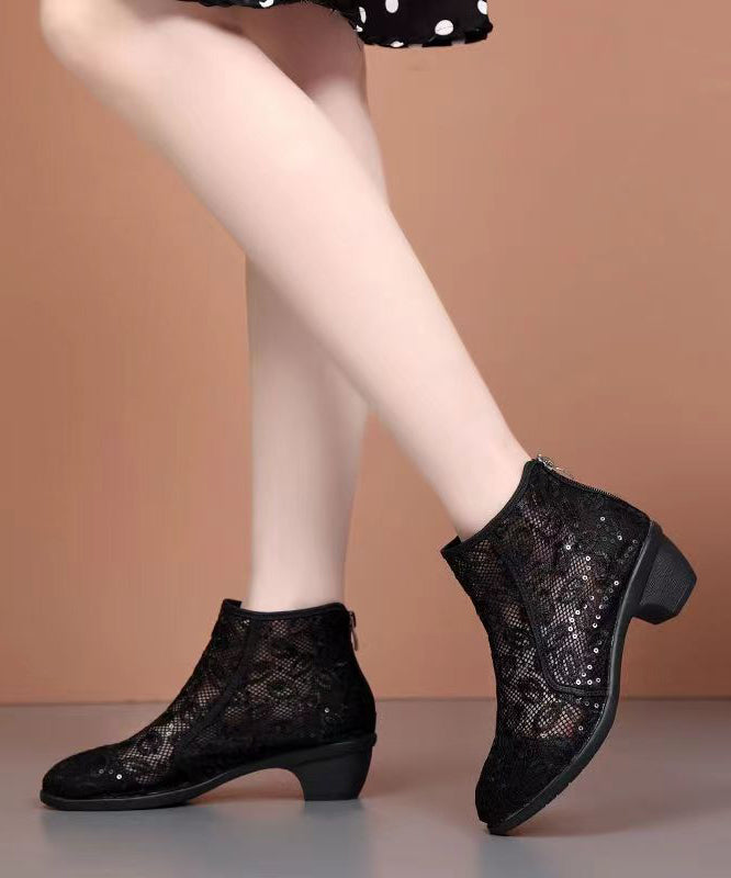 Soft Black Sequin Splicing Chunky Ankle Boots