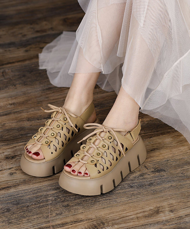 Soft Khaki Cowhide Leather Splicing Platform Flat Sandals