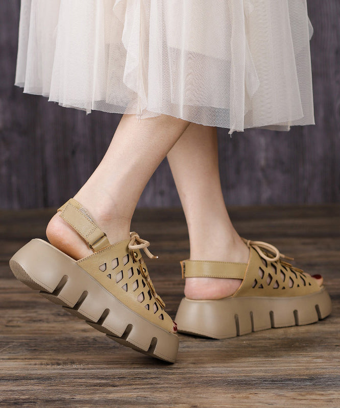 Soft Khaki Cowhide Leather Splicing Platform Flat Sandals