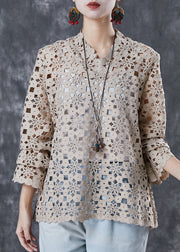 Style Beige Embroidered Hollow Out Smock Spring