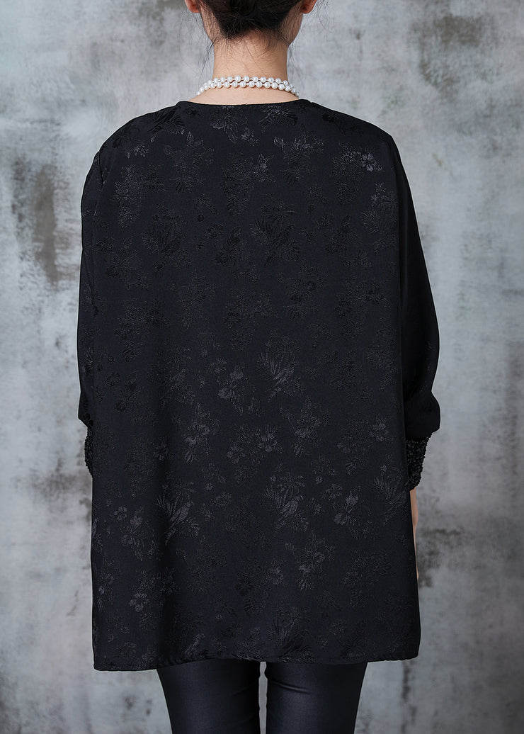 Style Black Jacquard Chinese Button Silk Shirt Spring