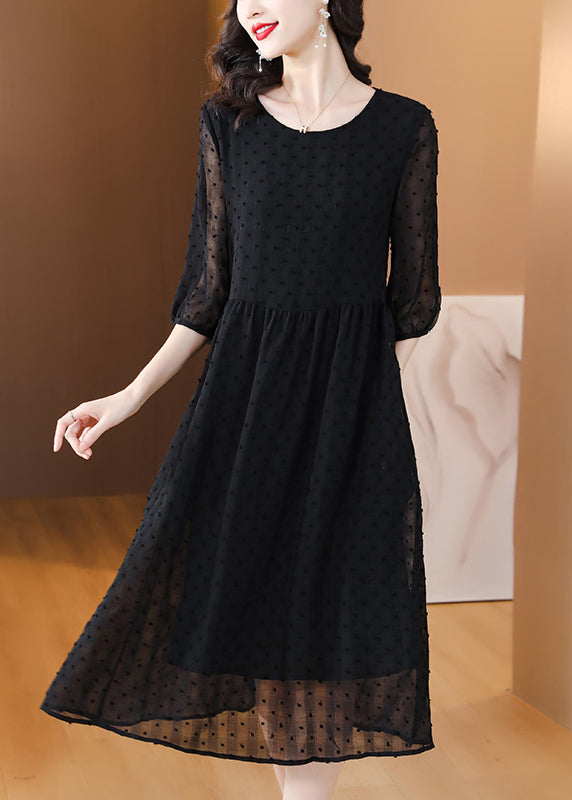 Style Black O Neck Jacquard Chiffon Long Dresses Lantern Sleeve