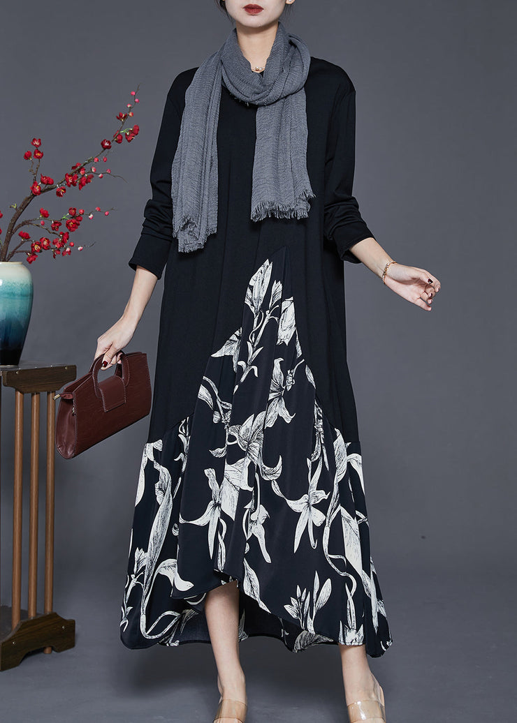 Style Black Oversized Patchwork Cotton Long Dress Spring