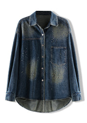 Style Blue Peter Pan Collar Pockets Zircon Denim Coat Fall