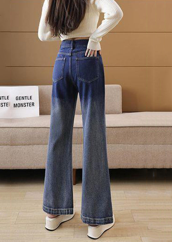 Style Gradient Blue Pockets Patchwork Denim Flared Trousers Spring