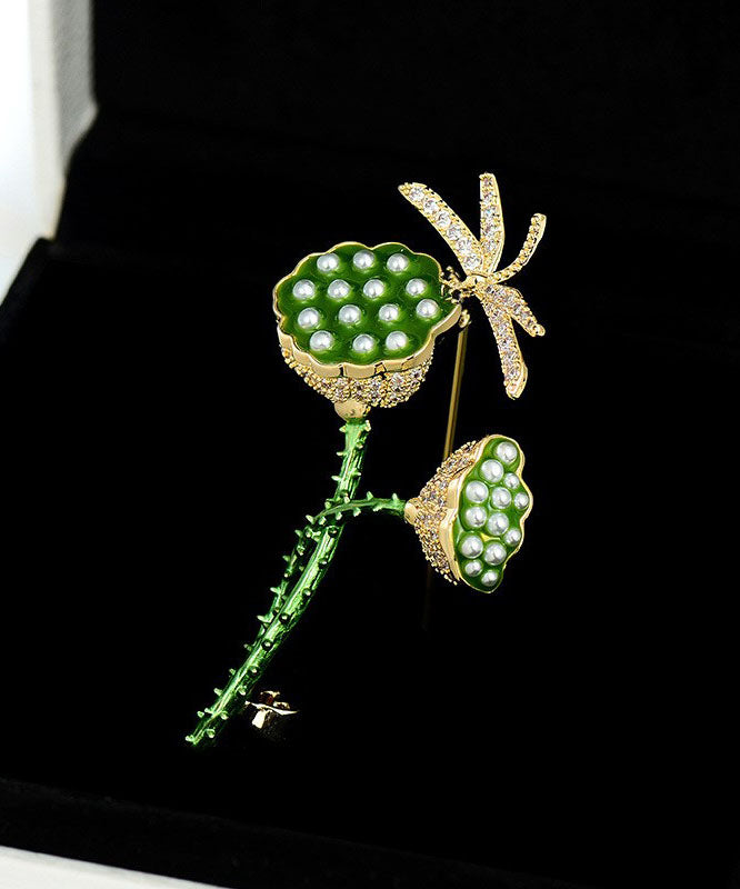 Style Green Copper Zircon Pearl Dragonfly Lotus Root Brooches