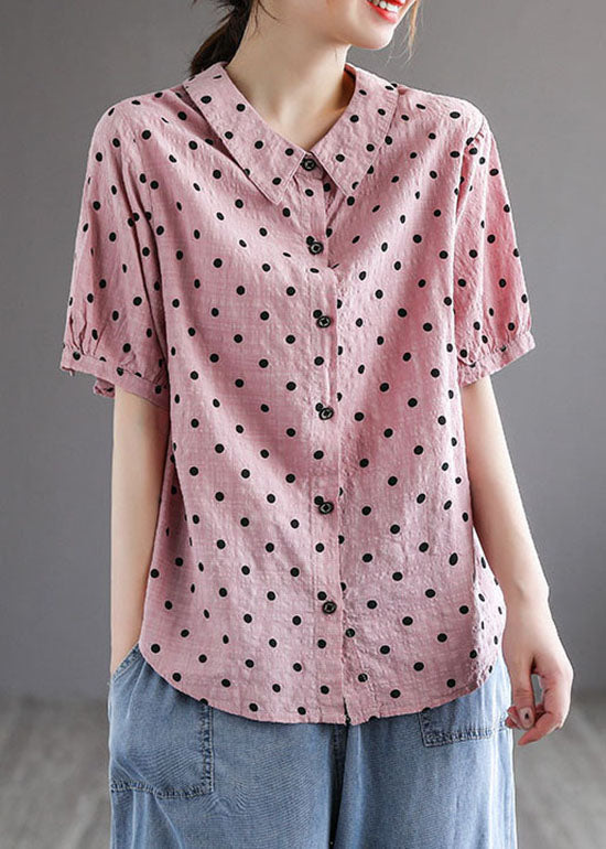 Style Pink Peter Pan Collar Print Patchwork Cotton Blouses Short Sleeve