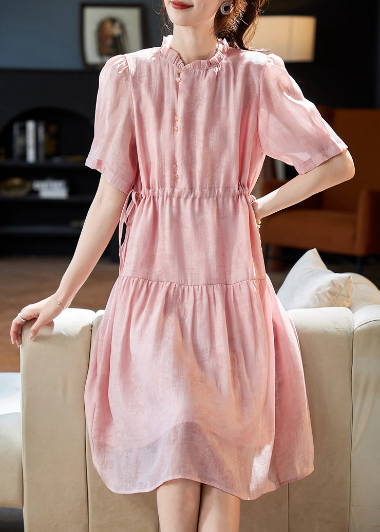 Style Pink Ruffled Drawstring Patchwork Chiffon Dresses Summer