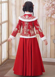 Style Red Embroideried Tassel Girls Coats And Long Skirts Two Piece Set Long Sleeve