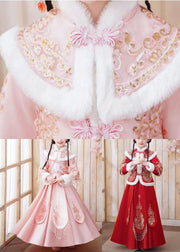 Style Red Embroideried Tassel Girls Coats And Long Skirts Two Piece Set Long Sleeve