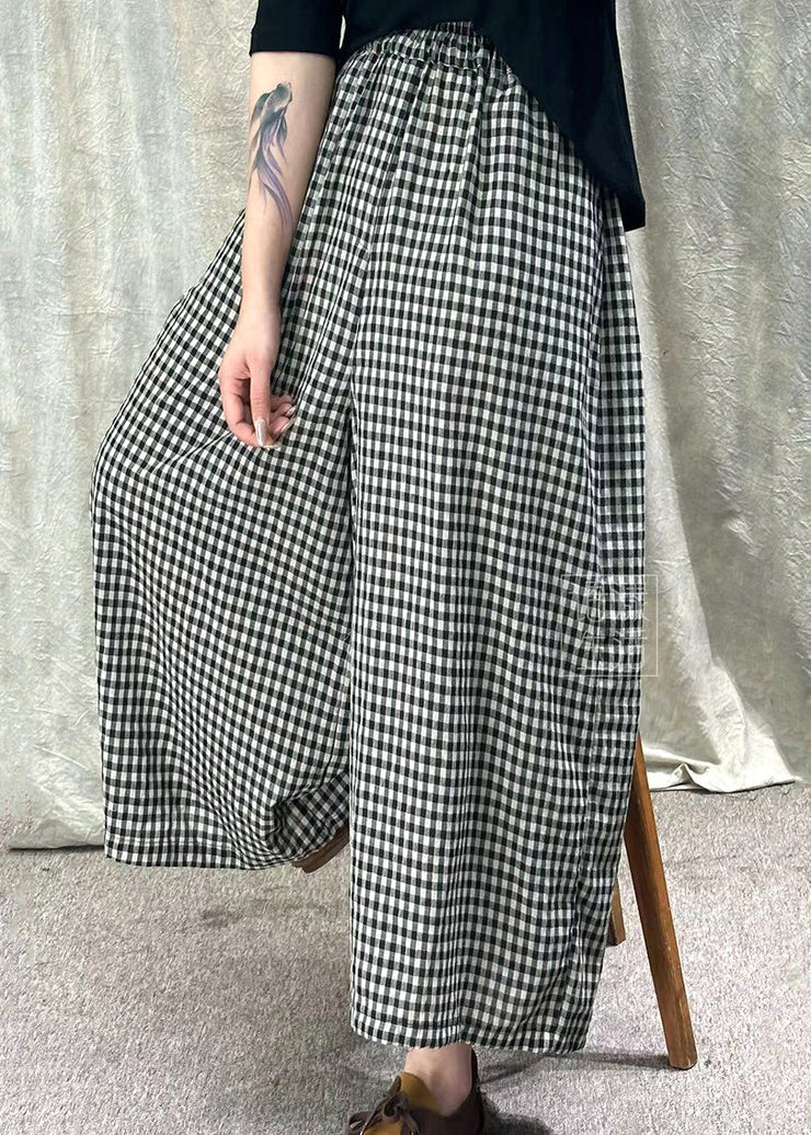 Style Red Plaid Pockets Elastic Waist Cotton Wide Leg Pants Summer