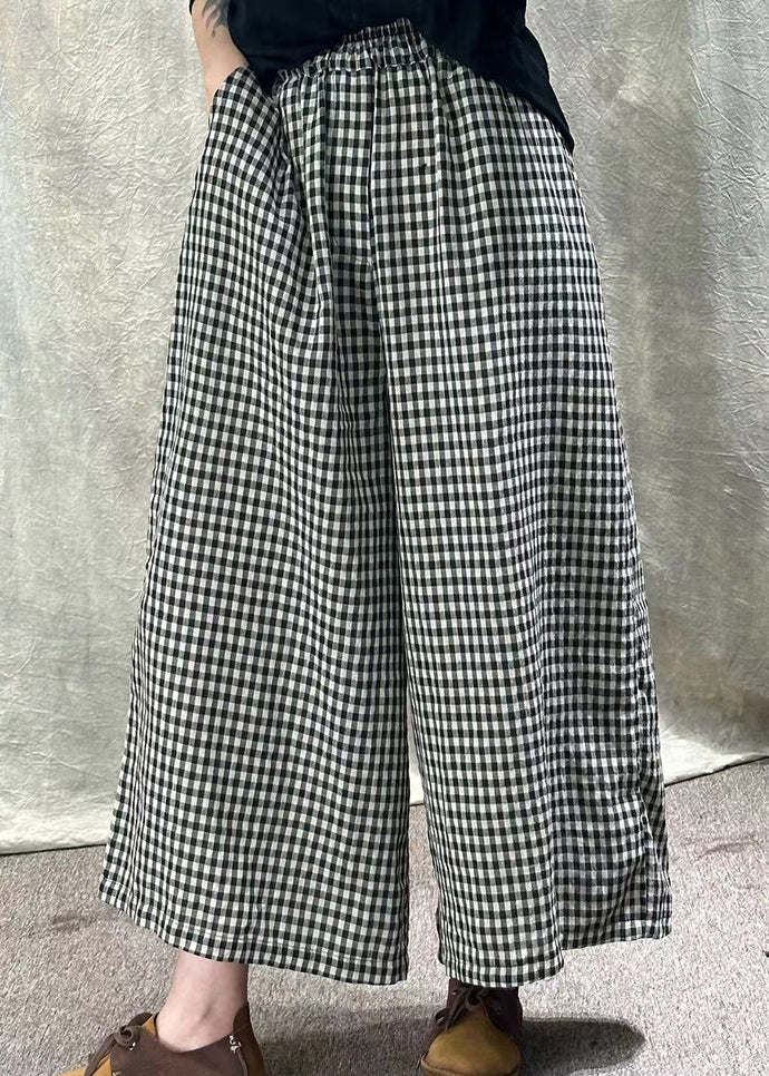 Style Red Plaid Pockets Elastic Waist Cotton Wide Leg Pants Summer