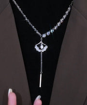 Style Silk Sterling Silver Zircon Ginkgo Leaf Tassel Lariat Necklace