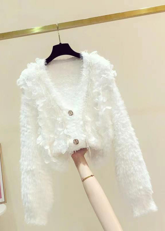 Style White V Neck Nail Bead Tassel Mink Hair Knitted Shirt Long Sleeve