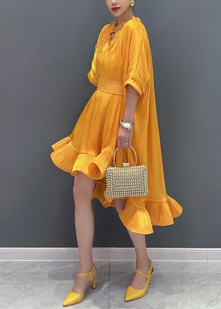 Style Yellow V Neck Low High Design Long Dress Summer