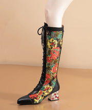 Stylish Black Boots Lace Up Print Genuine Leather Chunky Boots