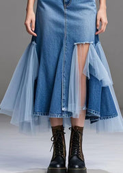 Stylish Blue Asymmetrical Patchwork Tulle Denim Ripped Skirts Fall