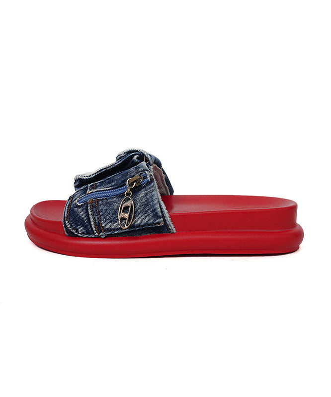 Stylish Blue Denim Platform Slide Sandals Peep Toe