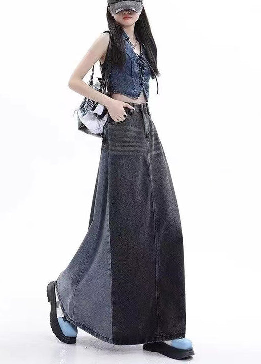 Stylish Blue Patchwork High Waist Denim Maxi Skirts Summer