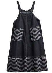 Stylish Blue Zip Up Patchwork Denim Strap Dresses Spring