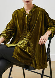 Stylish Army Green Oversized Wrinkled Silk Velour Shirt Spring