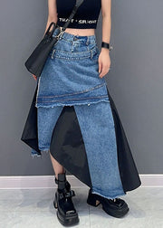 Stylish Green Patchwork High Waist Asymmetrical Denim Skirts Fall